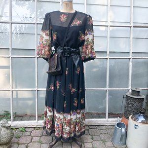 Vintage 1980s Black Floral Maxi Puff Sleeve Dress
